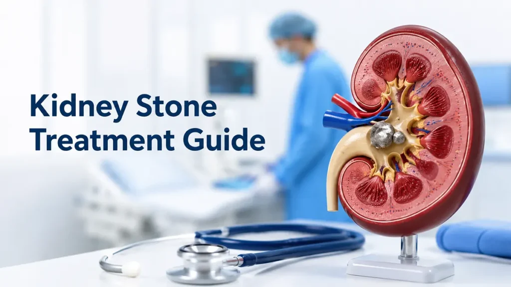 Kidney stone treatment under Aarogyasri in Telangana showing a medical kidney model and treatment guide for eligible patients.